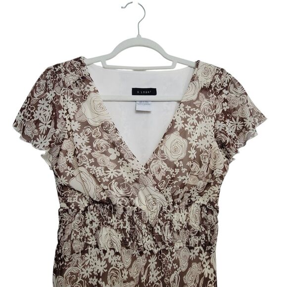 B. Smart V-Neck Brown Cream Floral Dress Size 6 - Picture 3 of 11